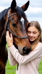 Fototapeta premium Young girl smiling and embracing a brown horse on a cloudy day in a green field
