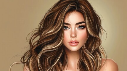 Fototapeta premium Woman with layered brown hair and balayage coloring in salon cape. Hair styling and beauty advertisement