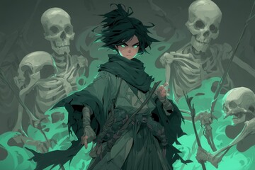 Obraz premium A stylized figure surrounded by ethereal skeletons.