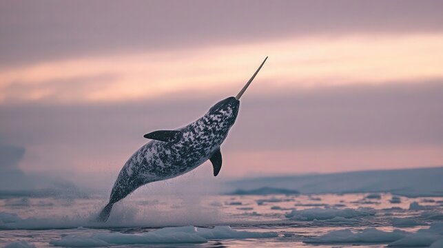 A silvery silhouette of a narwhal breaching the icy Arctic Ocean - Powered by Adobe