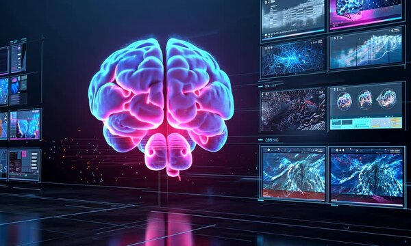 Glowing AI brain generating data on futuristic screens in a high-tech virtual lab - Powered by Adobe