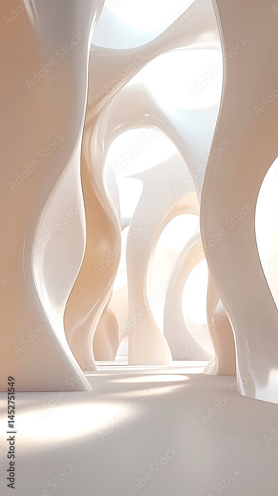 Poster abstract white cream columns hallway with light and shadow effect, swirling smooth