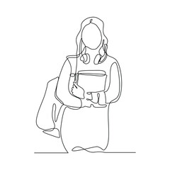 Continuous single line sketch drawing art of college campus student woman with bag backpack and stack books. Editable stroke vector illustration