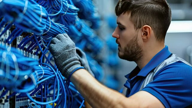 Skilled technician installs and organizes network cables in a data center, ensuring optimal connectivity during peak hours