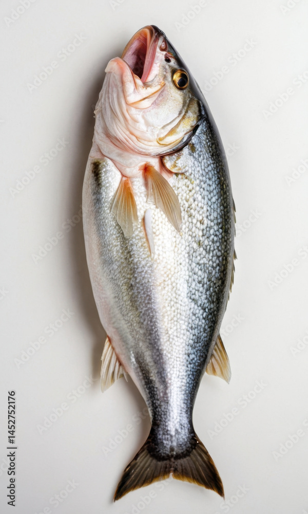 Poster a close-up of a fish with its mouth open on a white surface