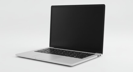 Silver laptop computer angled view on white background