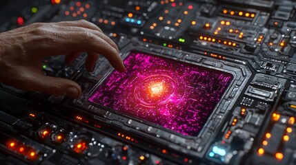 Hand touches glowing screen in futuristic console