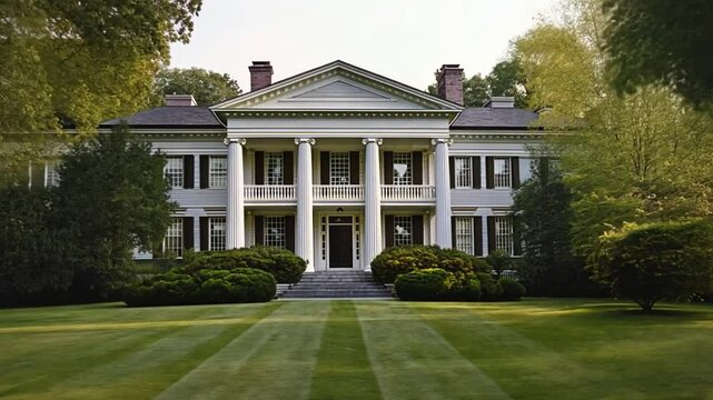 Elegant Manor House: A stunning exterior view of a stately manor house, exuding classic elegance with its grand columns, symmetrical design, and lush, manicured landscaping.