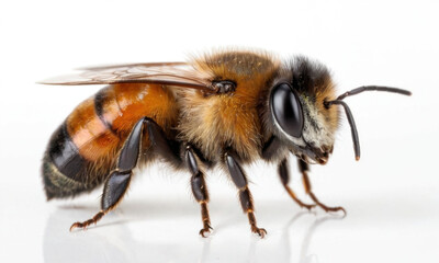 A close-up image of a bee on a white surface, perfect for use in educational or scientific contexts