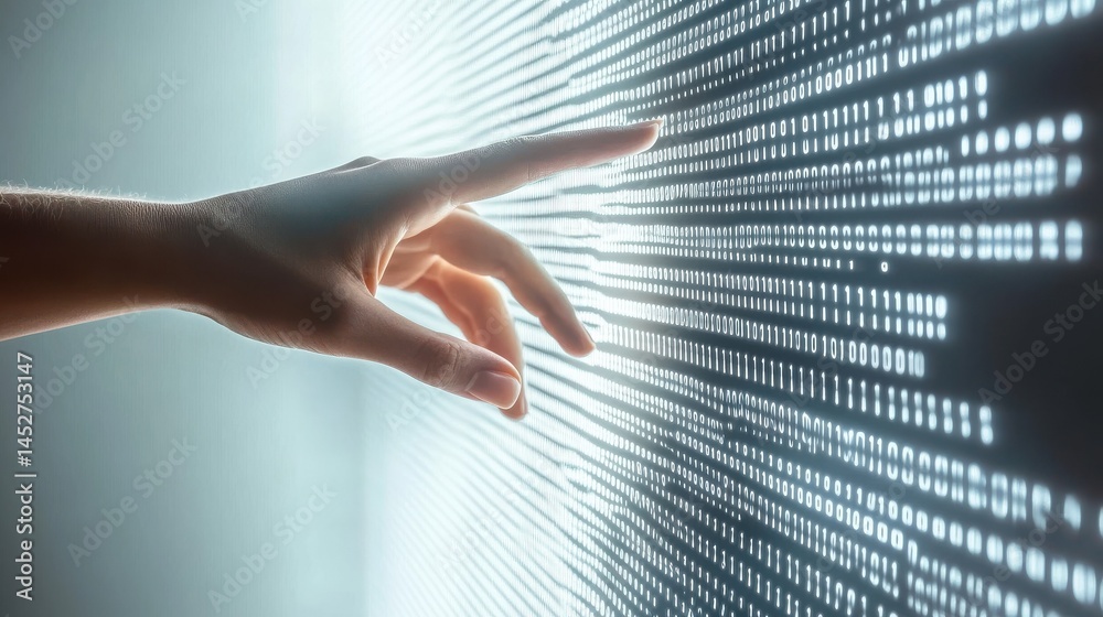 Poster human hand interacting with a wall of binary code, symbolizing digital interaction and the interface