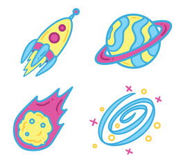Colorful Space Vector Set &ndash; Planets, Stars, and Rockets