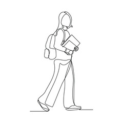 Continuous single line sketch drawing art of college campus student woman with bag backpack and stack books. Editable stroke vector illustration