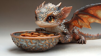 Obraz premium Enchanted baby dragon crouched with glowing food bowl magical background high resolution photo