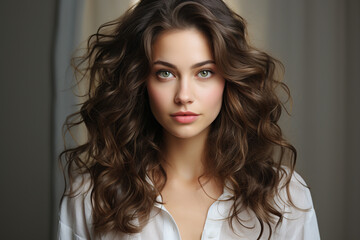 Fototapeta premium Beauty Woman with Long, Healthy Brown Hair: Soft Touch and Natural Elegance