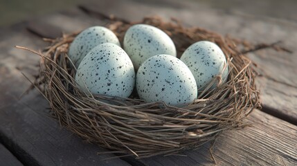 Obraz premium Speckled eggs nestled in a rustic straw nest on a wooden surface