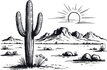 Vintage Hand-Drawn Ink Illustration of Arizona Desert with Cacti, Mountains, Rocks, and Sun in Black and White