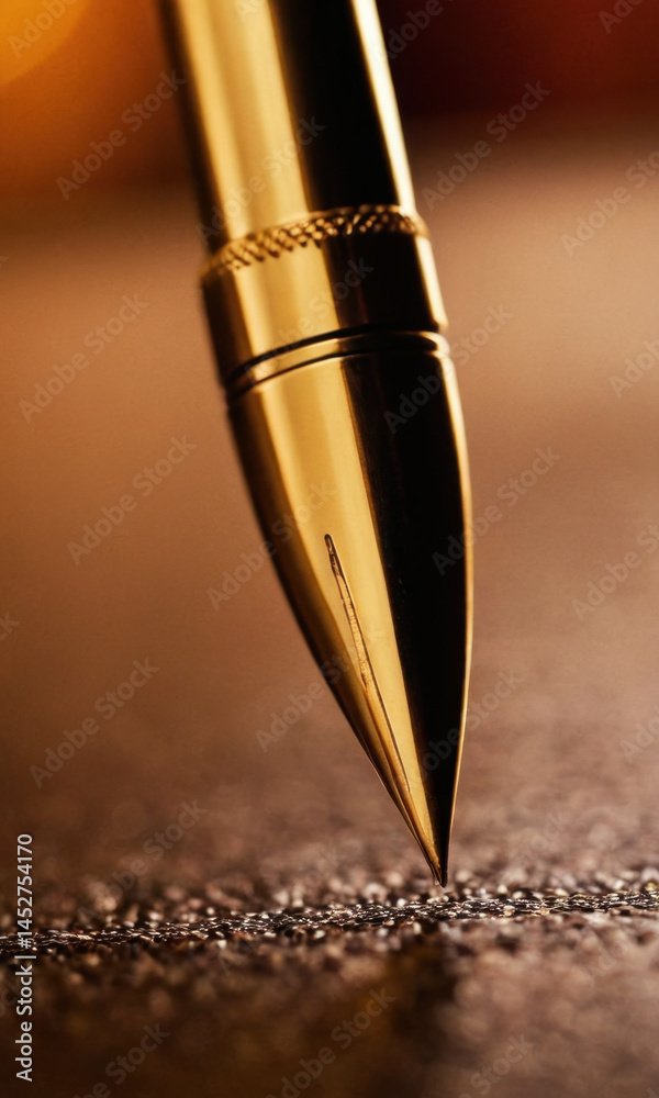 Poster a close-up view of a fountain pen resting on a table, perfect for editorial or commercial use