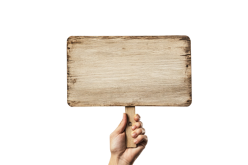 hand holding blank wooden sign board