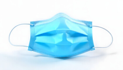Close-up of a blue medical face mask against a clean white backdrop, ready for use.