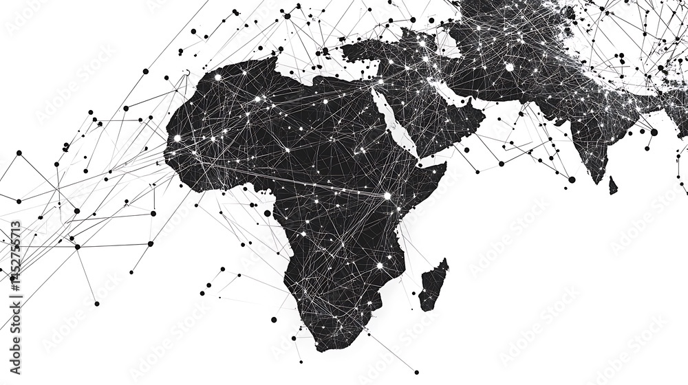 Poster global network map connecting africa, europe and asia with nodes and lines