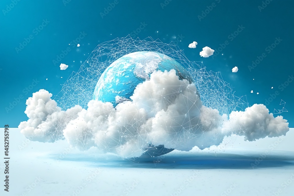 Aufkleber globe with cloud and wireframe connected network on blue background