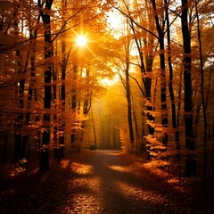 Aerial View of Colorful Autumn Forest with Golden Sunlight and Warm Tones