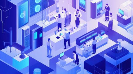 DNA isometric concept. Genetic engineering lab with people scientists. Doctors researching cells. DNA gene therapy vector landing page illustration