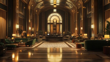 Fototapeta premium Elegant, art deco style lobby with ornate details and plush furniture. The space is bathed in warm lighting.