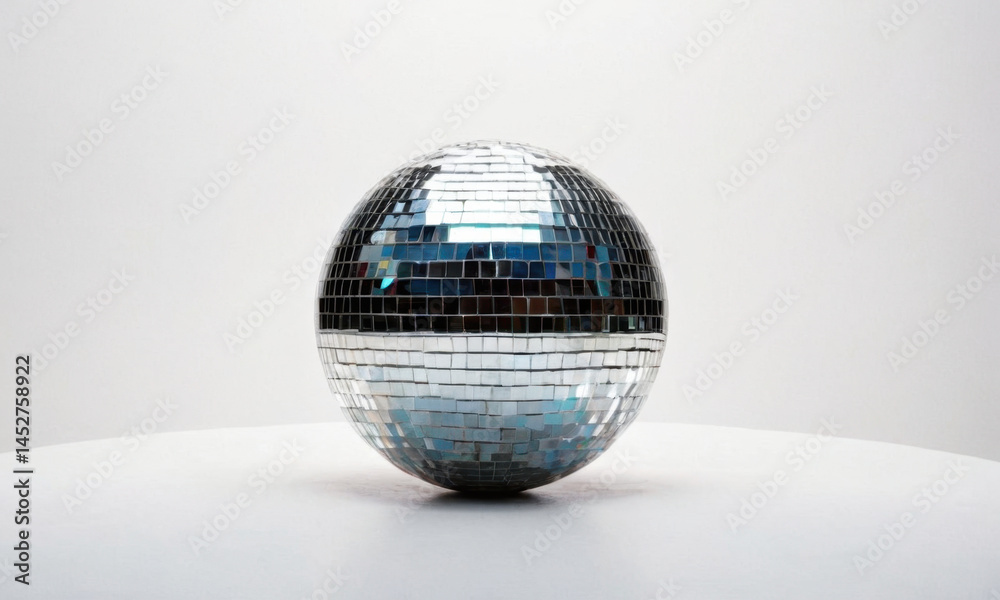 Poster a glittering disco ball sits atop a plain white table, ready to reflect light and add sparkle to any