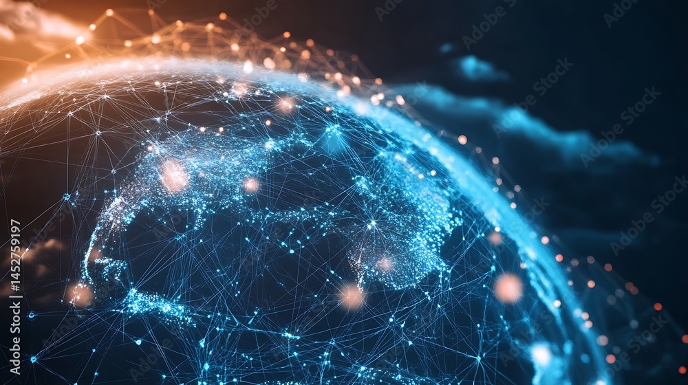 Fototapete planet earth global network connection points nodes technological background