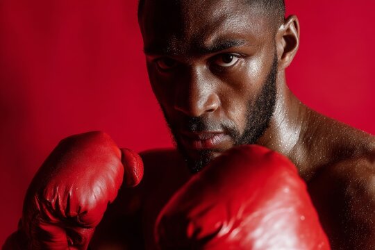 A focused boxer prepares to fight, his red gloves raised, with determination in his eyes, studio shot. - Powered by Adobe