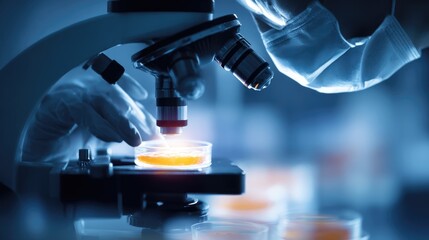 Microscopic Research: Gloved Hands Examining Orange Sample on Petri Dish