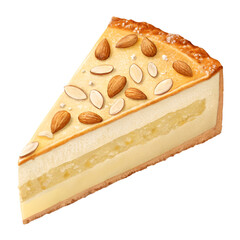 Slice of almond cake isolated on white background