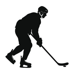 Silhouette of a hockey player skating with the puck on ice.