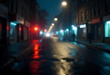 Fototapeta premium Generative AI Nightscape: Urban Street Scene in a Rainy Blur with Atmospheric Lighting