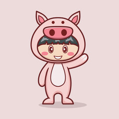 Child wearing a cute pig costume in vector cartoon style