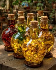 Glass bottles filled with colorful infused oils and herbs sit on a rustic wooden table in a garden setting.