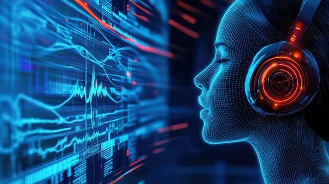 AI engineer designing AI powered voice cloning and synthesis technology, soundproof lab with AI software analyzing vocal patterns, Voice AI style
