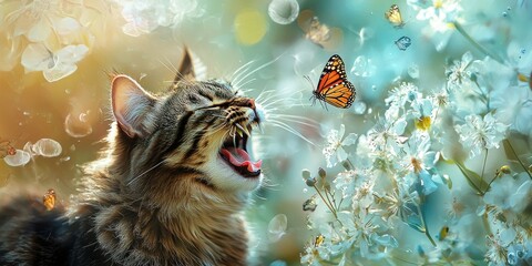 The cat yawns as butterflies bloom from white flowers, background hazy and floral shapes warped like ink on water.