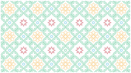 Geometric pattern with intricate floral and star designs in vibrant color scheme
