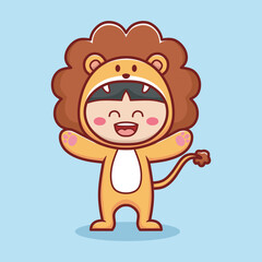 Cartoon child in lion costume vector, roaring and smiling pose