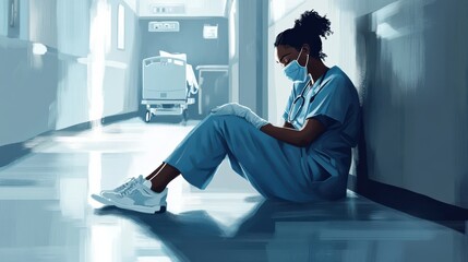 Tired depressed female african scrub nurse wears face mask blue uniform gloves sits on hospital floor. Exhausted sad black doctor feels burnout stress of corona virus frontline protection pray at wor
