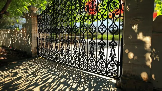 Ornate wrought iron gate and garden shadows