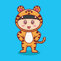 Cute child in orange tiger costume with cartoon face vector style