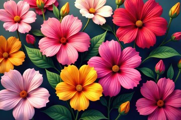 Bold, stylized blossoms arranged in a square tessellation , digital, bright, contemporary