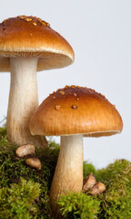 Fototapeta premium A pair of mushrooms growing on a bed of lush green moss, perfect for nature and outdoor themed projects