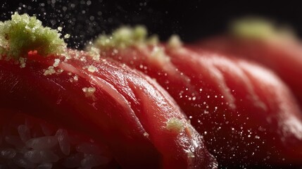 Close-up of Red Tuna Sushi with Green Spices, Fresh and Delicious