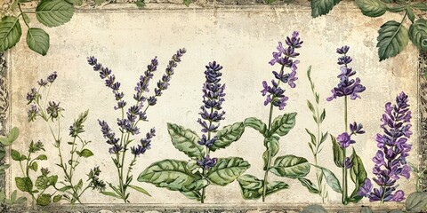 Vintage farmersâ€™ almanac cover with lavender, herbs, and leafy borders