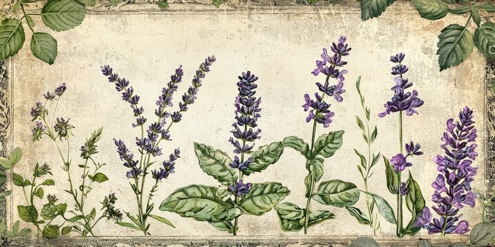 Vintage farmersâ€™ almanac cover with lavender, herbs, and leafy borders