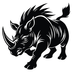 Obraz premium Black and White Rhino Illustration: Detailed Vector Art of a Charging Rhinoceros, Wildlife Animal Graphic Design for Print and Web Use